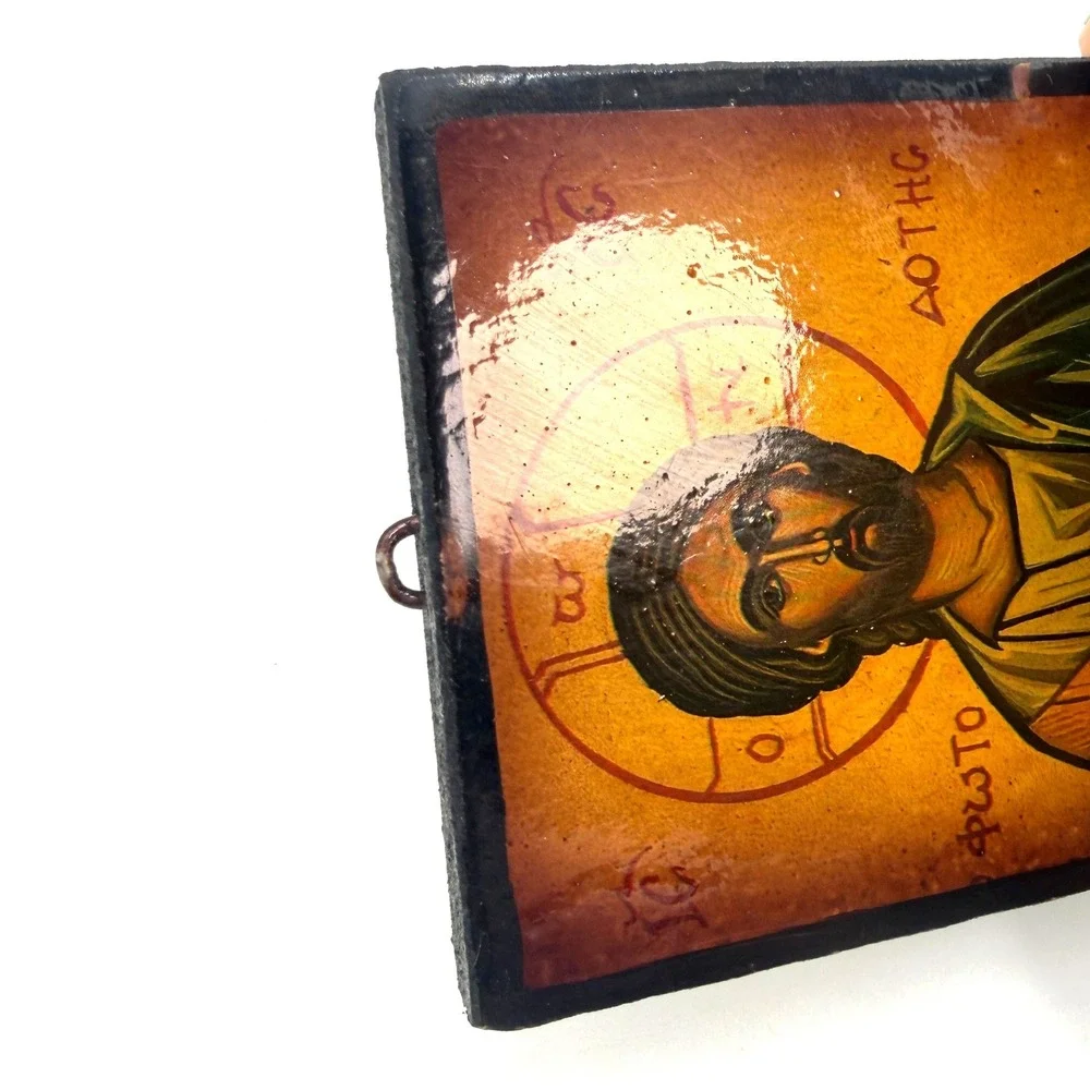 Byzantine Jesus Christ Pantocrator Orthodox Icon 4x5.5 Gold Green Wood Block